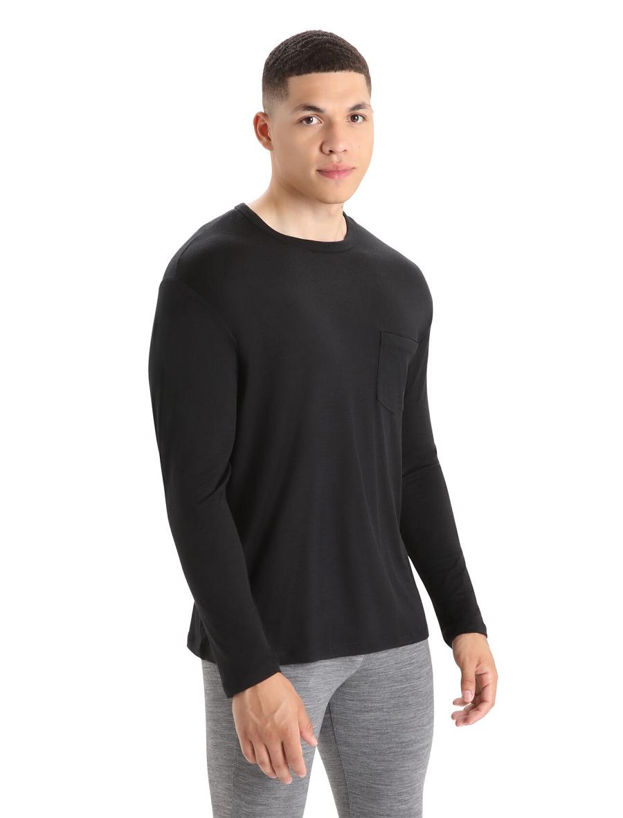 Icebreaker Merino Granary Pocket T-Shirt Férfi Long Sleeve Fekete | HU 1239NWYB